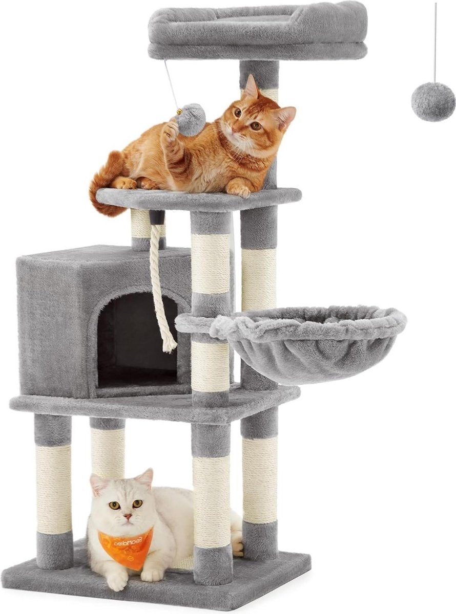 Krabpaal - kattenboom - 110 cm hoog - 9 sisal krabplekken - met o.a. hangmat, touw en schuilplekken - pluche - lichtgrijs - PCT260W01