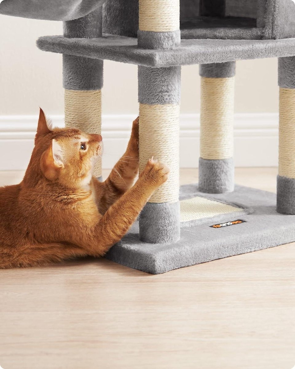 Krabpaal - kattenboom - 110 cm hoog - 9 sisal krabplekken - met o.a. hangmat, touw en schuilplekken - pluche - lichtgrijs - PCT260W01 - Afbeelding 3