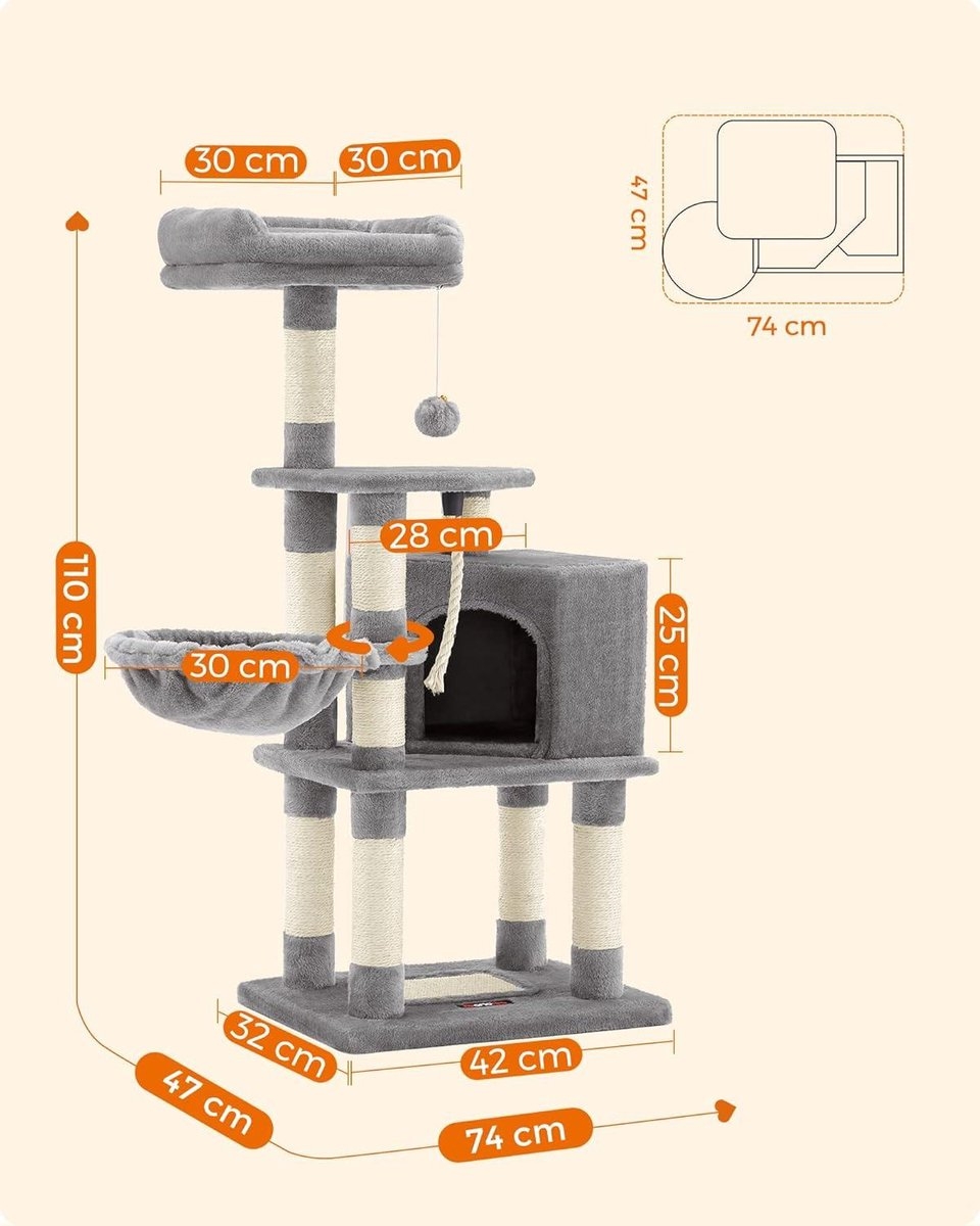 Krabpaal - kattenboom - 110 cm hoog - 9 sisal krabplekken - met o.a. hangmat, touw en schuilplekken - pluche - lichtgrijs - PCT260W01 - Afbeelding 4