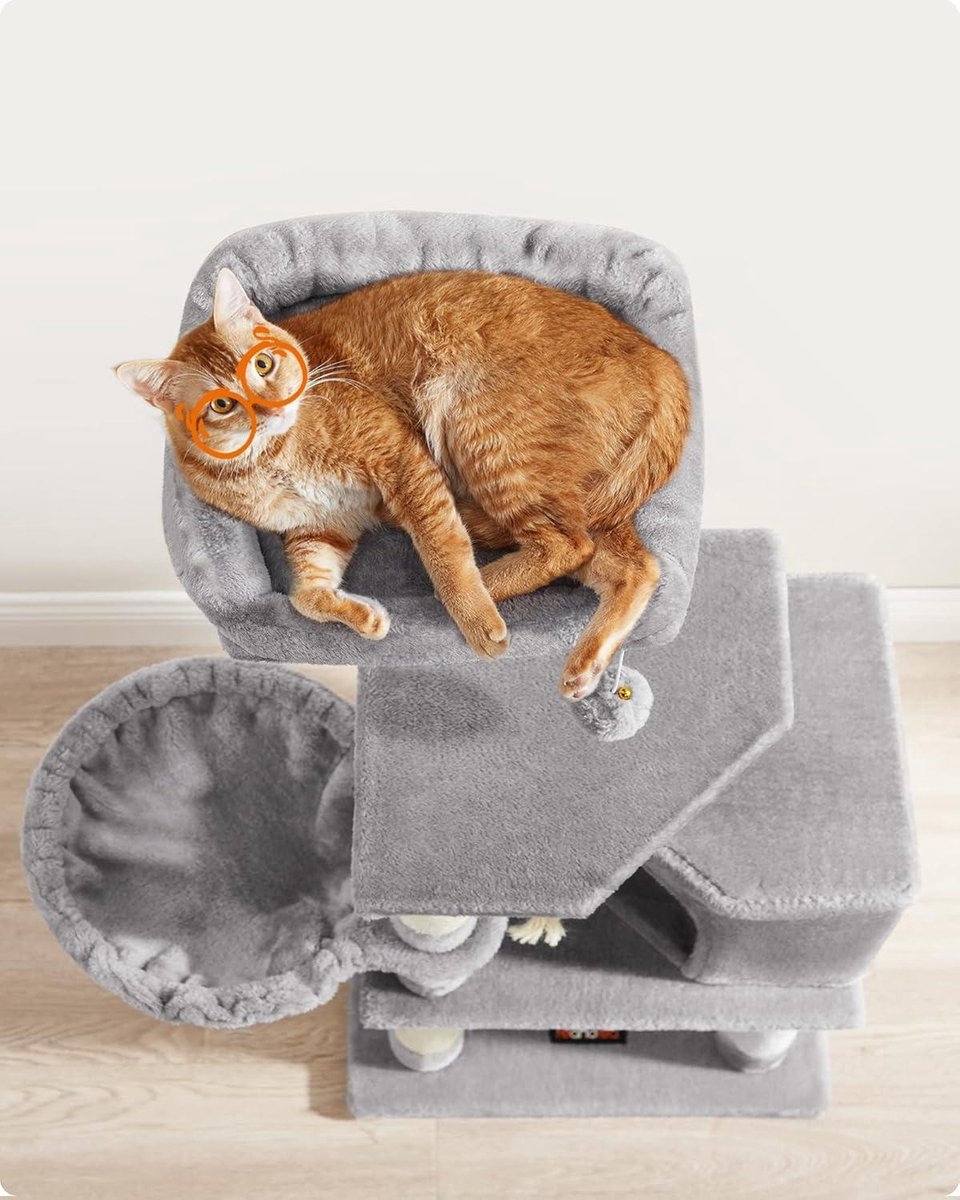 Krabpaal - kattenboom - 110 cm hoog - 9 sisal krabplekken - met o.a. hangmat, touw en schuilplekken - pluche - lichtgrijs - PCT260W01 - Afbeelding 6