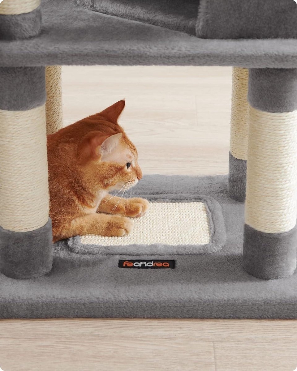 Krabpaal - kattenboom - 110 cm hoog - 9 sisal krabplekken - met o.a. hangmat, touw en schuilplekken - pluche - lichtgrijs - PCT260W01 - Afbeelding 8