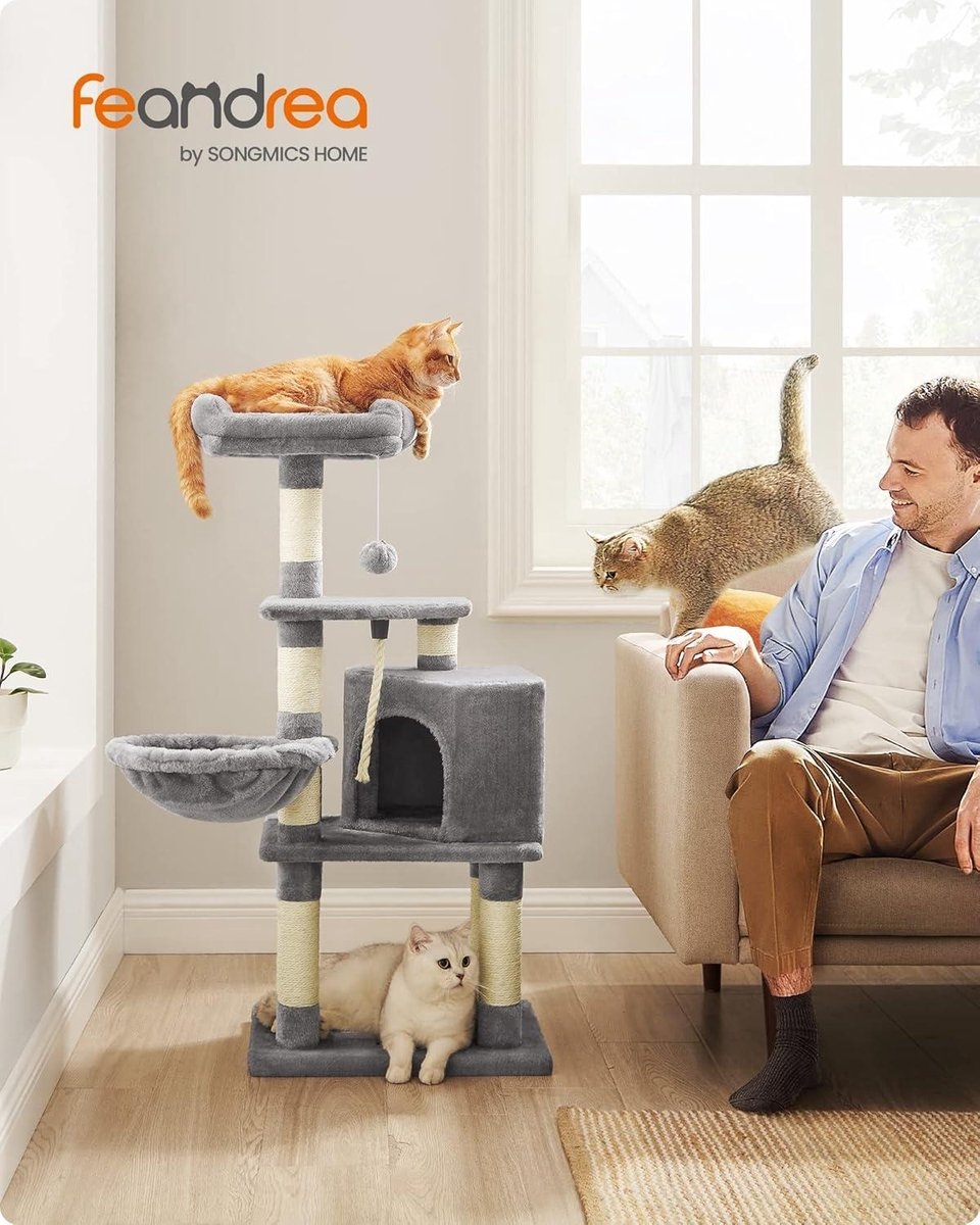 Krabpaal - kattenboom - 110 cm hoog - 9 sisal krabplekken - met o.a. hangmat, touw en schuilplekken - pluche - lichtgrijs - PCT260W01 - Afbeelding 9