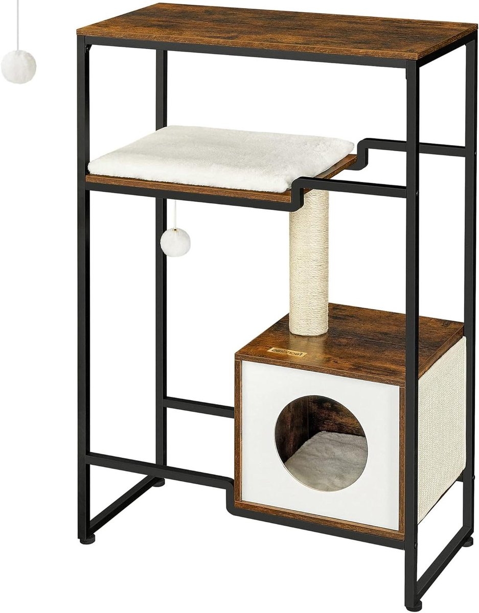 2-in-1 Krabpaal / bijzettafel / wandtafel - metaal hout en pluche - hoogte 114 cm - bruin met beige - PCT112X01.