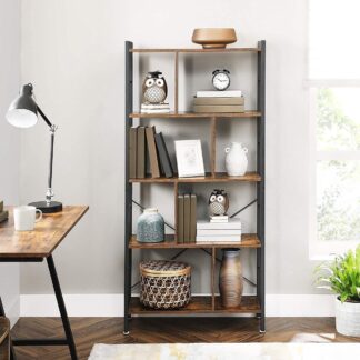 Boekenkast - open kast - hoogte 154.5 cm - metaal met hout - zwart / bruin - LBC012B02