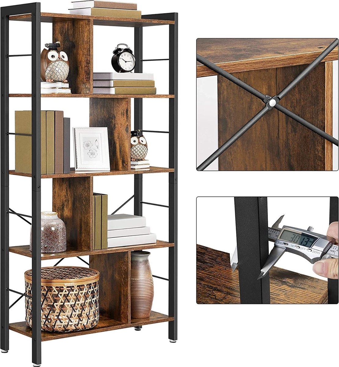 Boekenkast - open kast - hoogte 154.5 cm - metaal met hout - zwart / bruin - LBC012B02 - Afbeelding 3