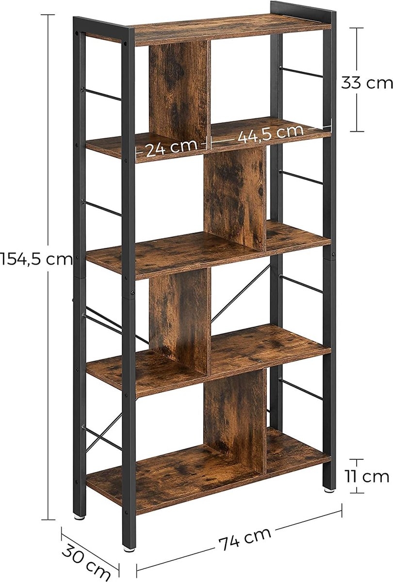 Boekenkast - open kast - hoogte 154.5 cm - metaal met hout - zwart / bruin - LBC012B02 - Afbeelding 4
