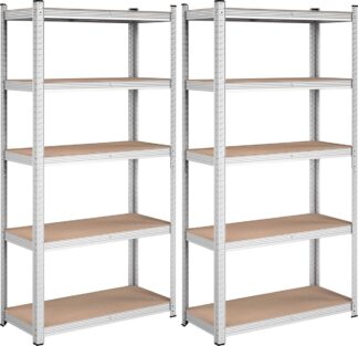 Stellingkast - set van 2 stellingkasten - 180x90x40cm - tot 875 kg belastbaar - stalen frame - 5 verstelbare MDF planken - zilver - GLR040E02