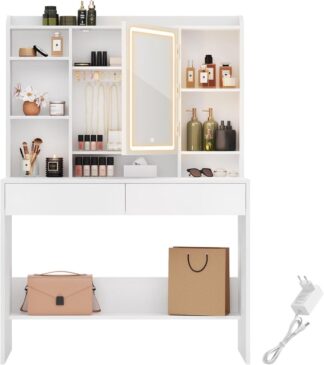 Kaptafel met LED-verlichting - 3 x instelbare lichtsterkte - met spiegel - twee laden - wit - RDT123T14