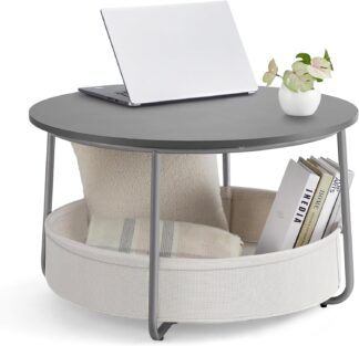 VASAGLE ronde Salontafel met opbergbak – diameter 75 cm - hout en metaal - grijs met witte kleur - LCT244G01