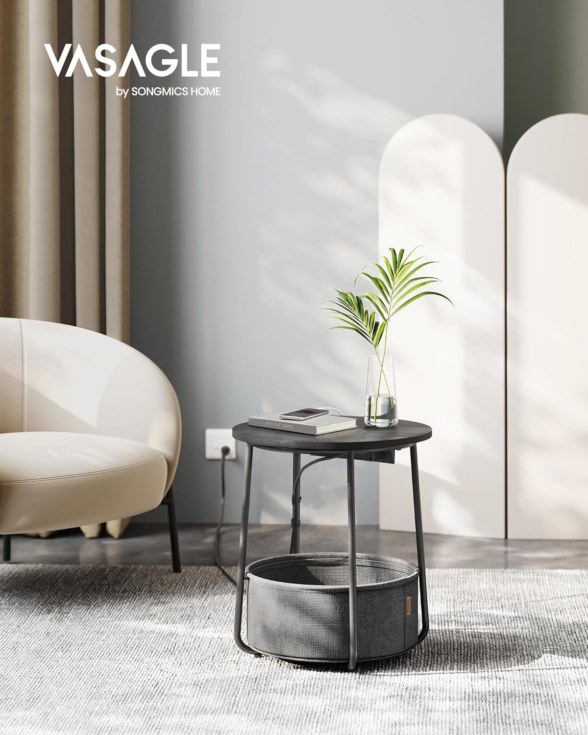 Bijzettafel met stoffen mand - met stopcontact en USB - diameter 45 cm - met Opbergoplossing - LET228B02 (kopie) - Afbeelding 2