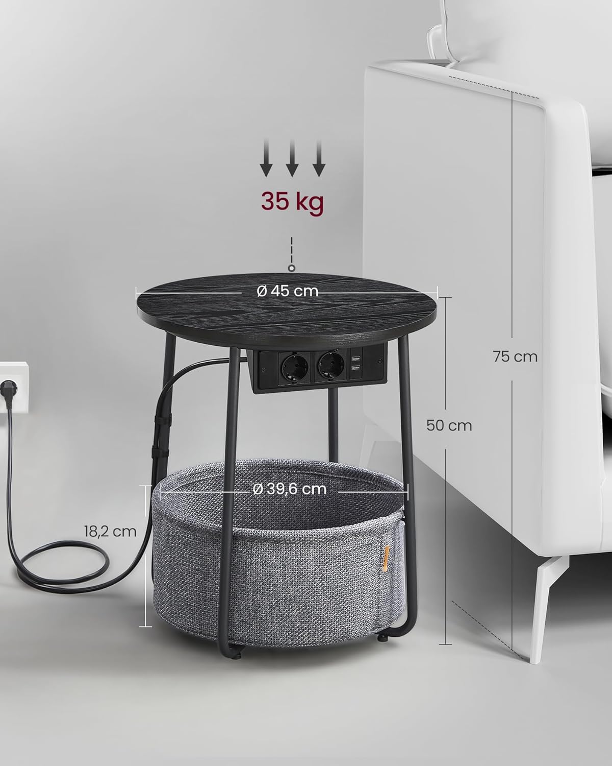 Bijzettafel met stoffen mand - met stopcontact en USB - diameter 45 cm - met Opbergoplossing - LET228B02 (kopie) - Afbeelding 3