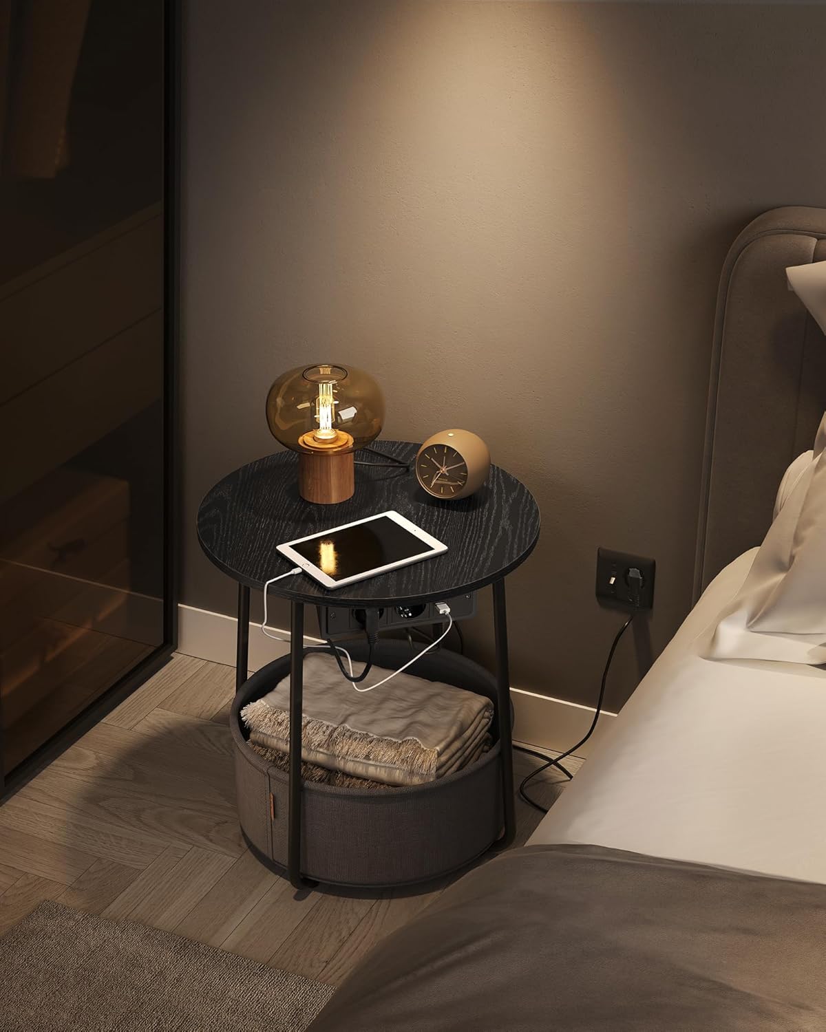 Bijzettafel met stoffen mand - met stopcontact en USB - diameter 45 cm - met Opbergoplossing - LET228B02 (kopie) - Afbeelding 4