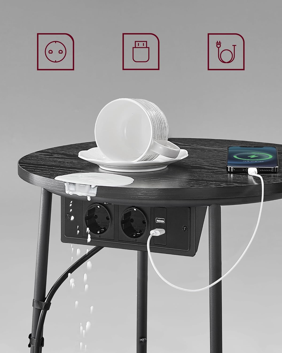 Bijzettafel met stoffen mand - met stopcontact en USB - diameter 45 cm - met Opbergoplossing - LET228B02 (kopie) - Afbeelding 5