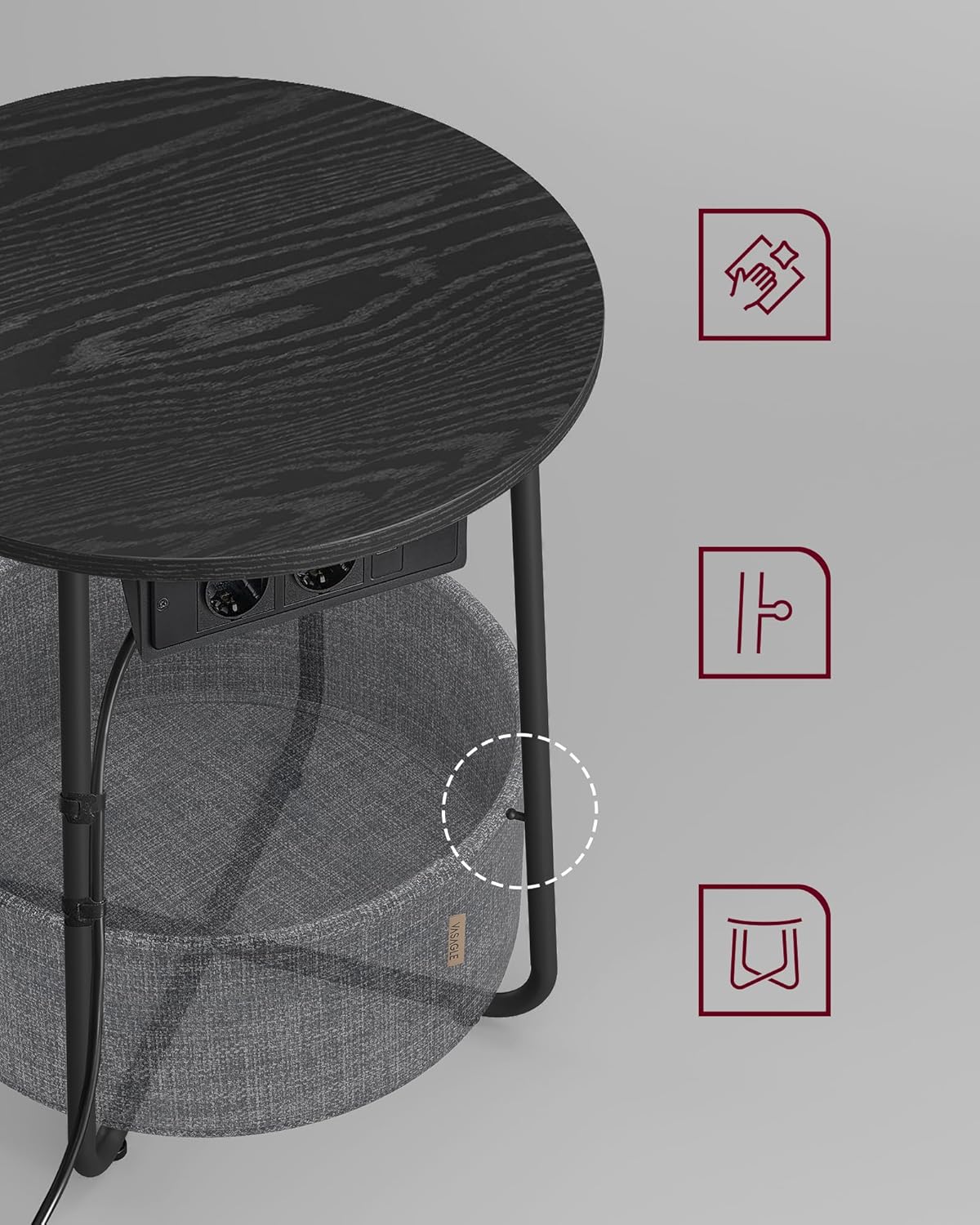 Bijzettafel met stoffen mand - met stopcontact en USB - diameter 45 cm - met Opbergoplossing - LET228B02 (kopie) - Afbeelding 6