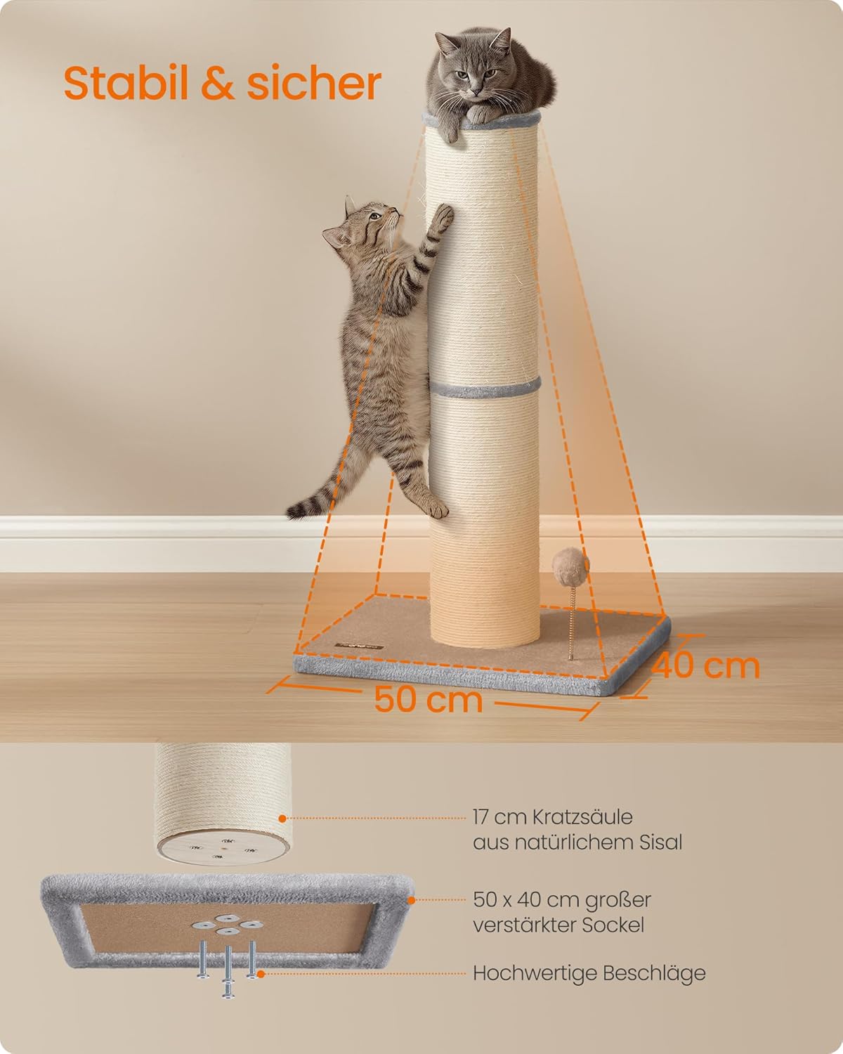 Feandrea Kattenboom, 85 Cm Hoog, Krabpaal, Krabpaal Voor Kittens En Volwassen Katten Sisalpaal Met Pluchen Bal Bel Duifgrijs Pca040g01 2127790663