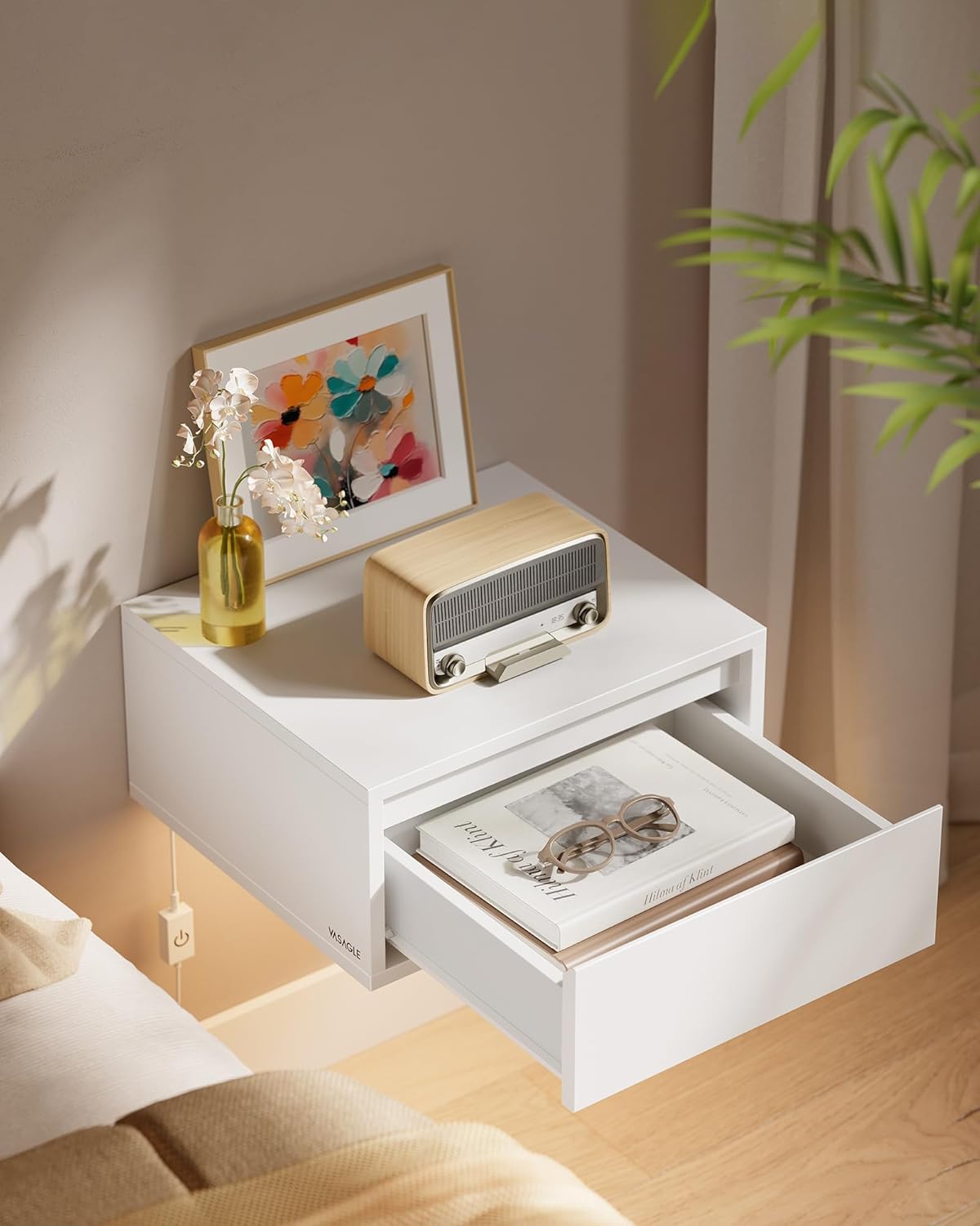 Zwevend / hangend nachtkastje met lamp in 3 kleuren - 35 x 40 x 18 cm - wit - LET654W01 - Afbeelding 2