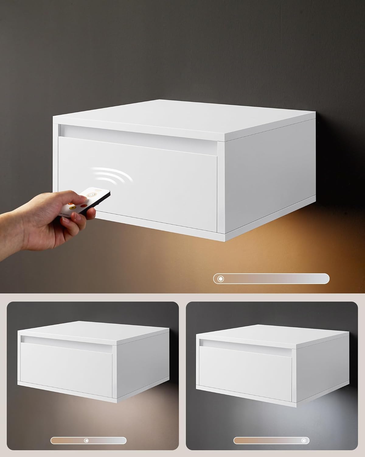 Zwevend / hangend nachtkastje met lamp in 3 kleuren - 35 x 40 x 18 cm - wit - LET654W01 - Afbeelding 5