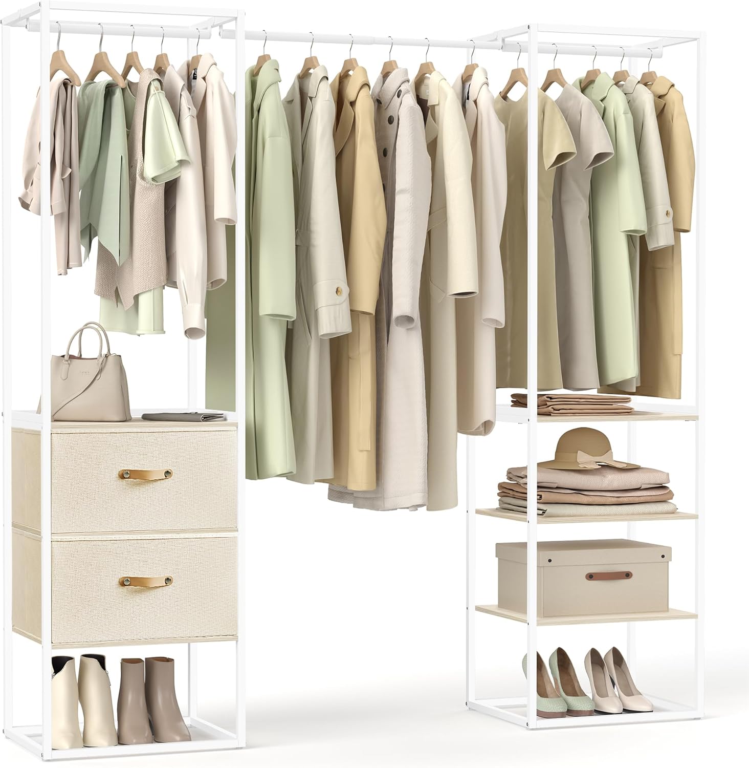 Kledingrek - open kledingkast - 180x180 cm - garderobe kast - 1 uittrekbare stang, 2 laden, 4 planken - beige / wit - RGR003W67