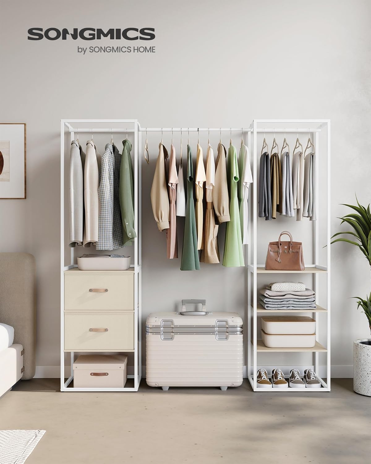 Kledingrek - open kledingkast - 180x180 cm - garderobe kast - 1 uittrekbare stang, 2 laden, 4 planken - beige / wit - RGR003W67 - Afbeelding 2