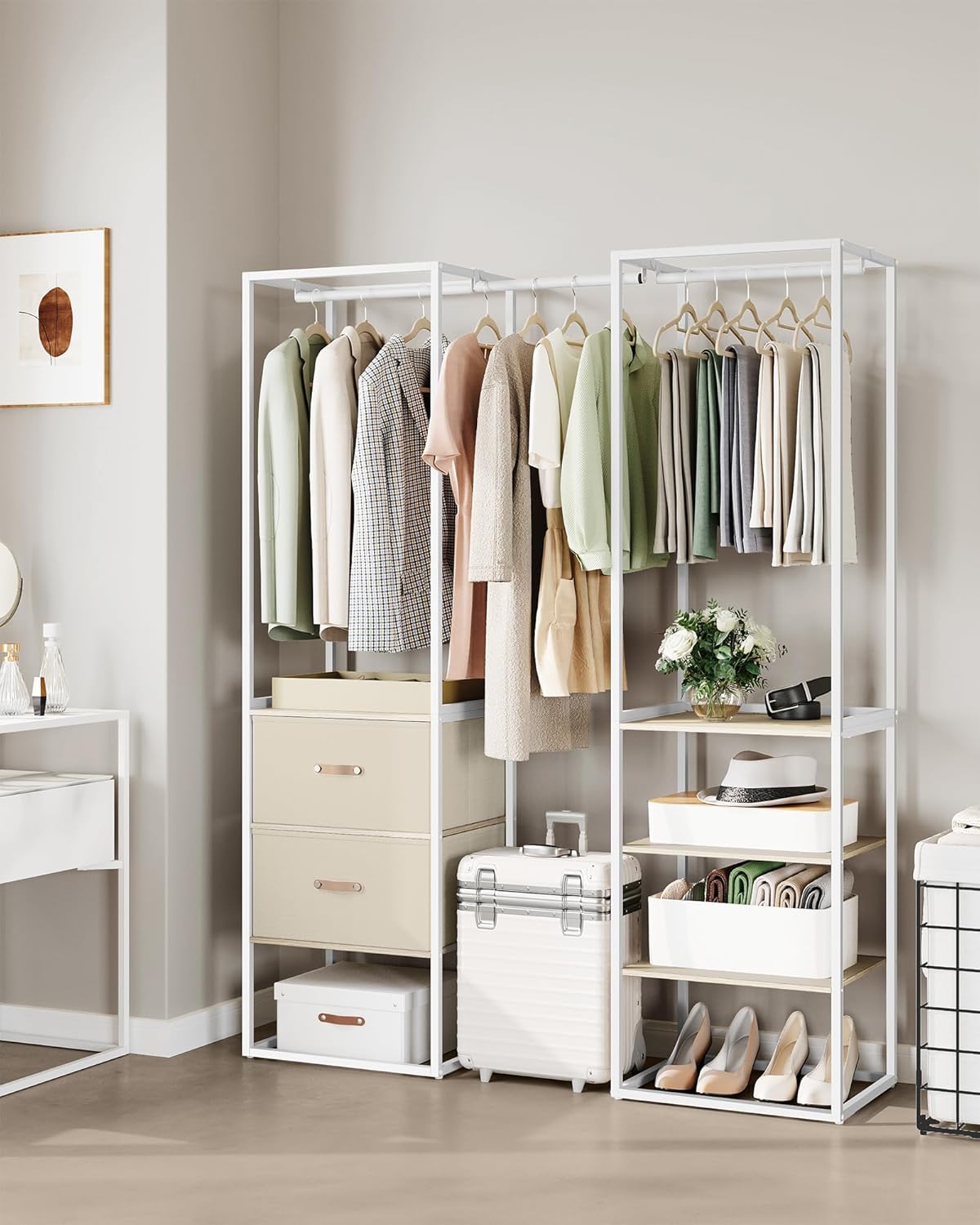 Kledingrek - open kledingkast - 180x180 cm - garderobe kast - 1 uittrekbare stang, 2 laden, 4 planken - beige / wit - RGR003W67 - Afbeelding 3