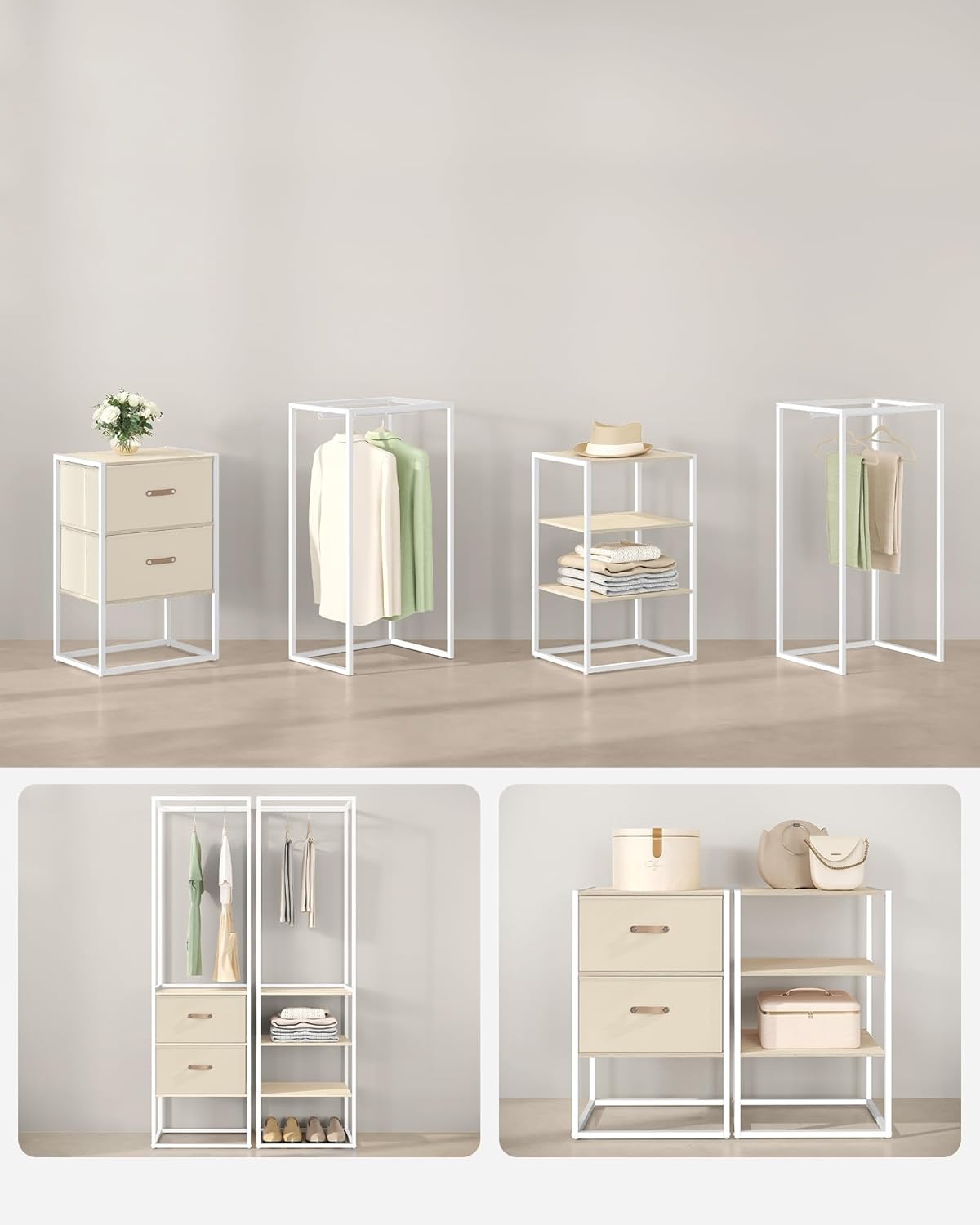 Kledingrek - open kledingkast - 180x180 cm - garderobe kast - 1 uittrekbare stang, 2 laden, 4 planken - beige / wit - RGR003W67 - Afbeelding 4