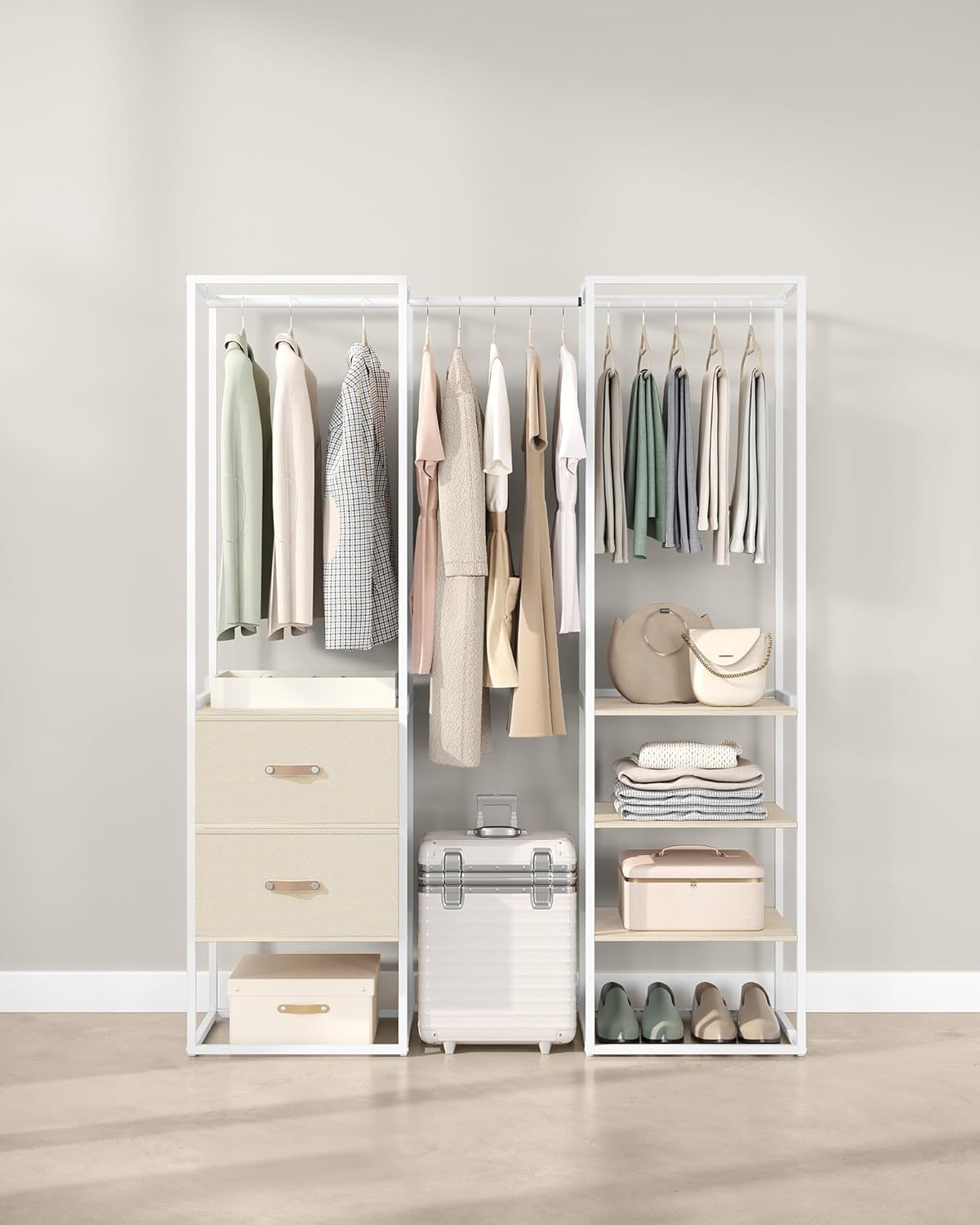 Kledingrek - open kledingkast - 180x180 cm - garderobe kast - 1 uittrekbare stang, 2 laden, 4 planken - beige / wit - RGR003W67 - Afbeelding 5