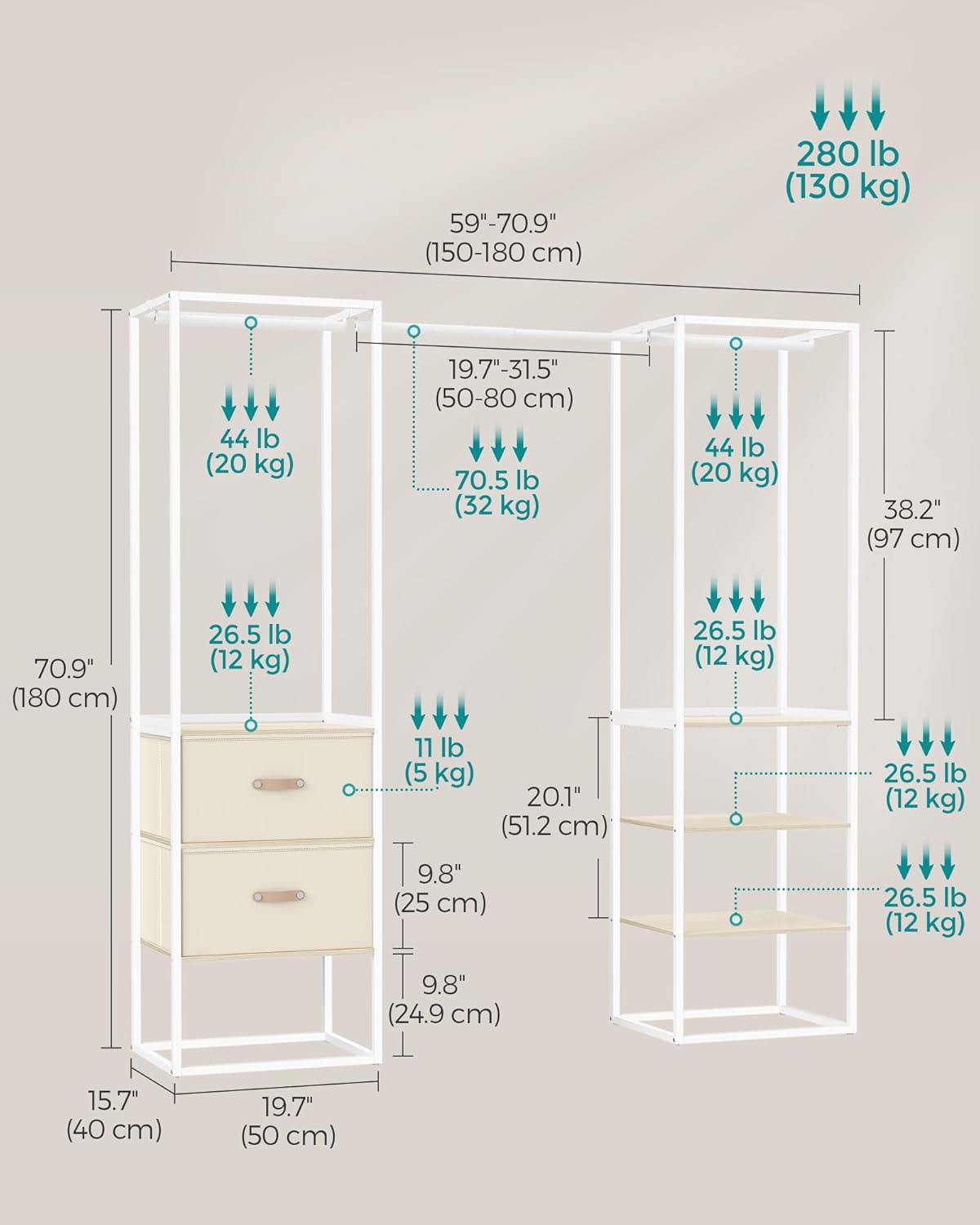 Kledingrek - open kledingkast - 180x180 cm - garderobe kast - 1 uittrekbare stang, 2 laden, 4 planken - beige / wit - RGR003W67 - Afbeelding 6