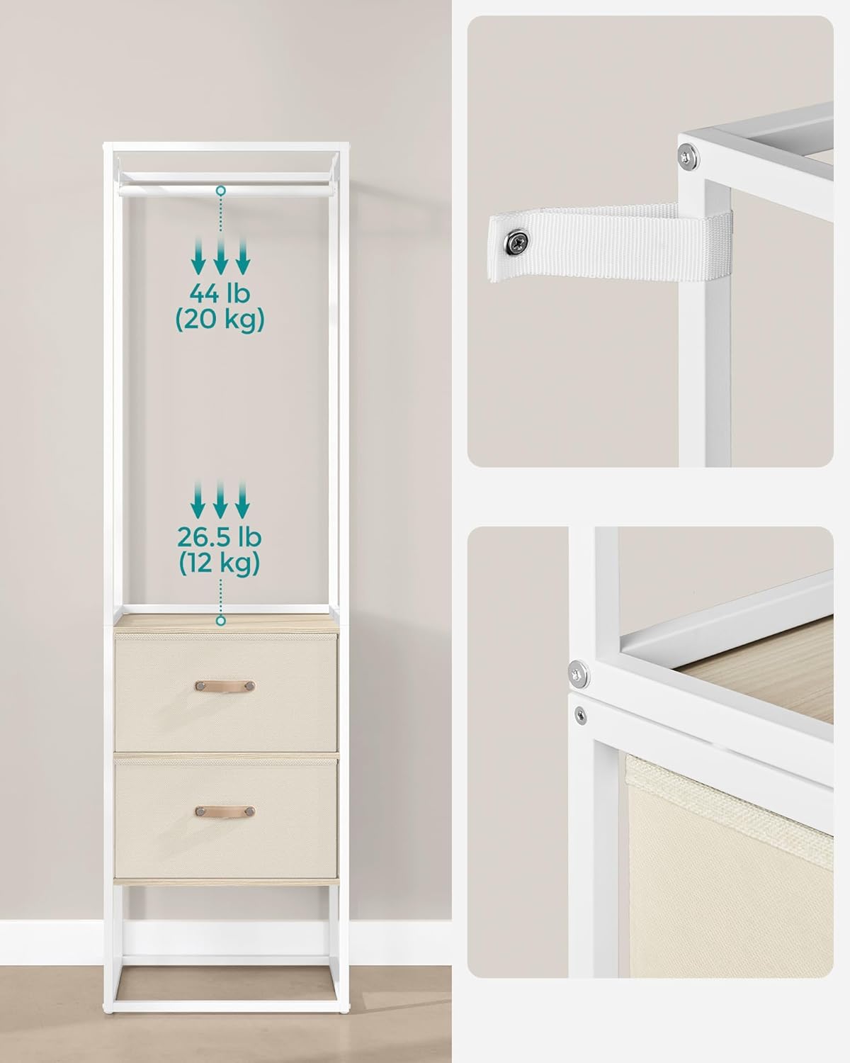 Kledingrek - open kledingkast - 180x180 cm - garderobe kast - 1 uittrekbare stang, 2 laden, 4 planken - beige / wit - RGR003W67 - Afbeelding 7