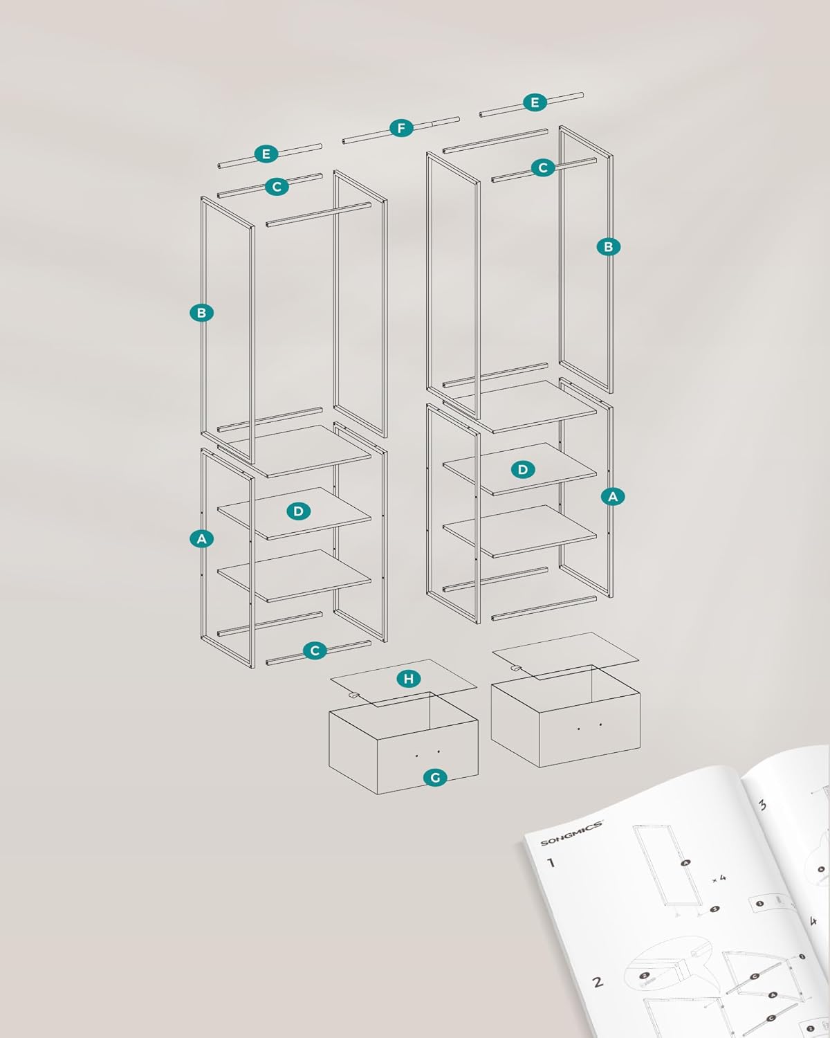 Kledingrek - open kledingkast - 180x180 cm - garderobe kast - 1 uittrekbare stang, 2 laden, 4 planken - beige / wit - RGR003W67 - Afbeelding 8