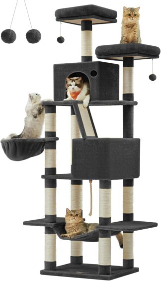 Krabpaal XXL - 206 cm hoog - grote kattenboom - 13 krabzuilen, 2 platforms, 2 holletjes, mand, hangmat, pluche ballen - meerlaagse kattenkrabpaal - zwart - PCT190B01