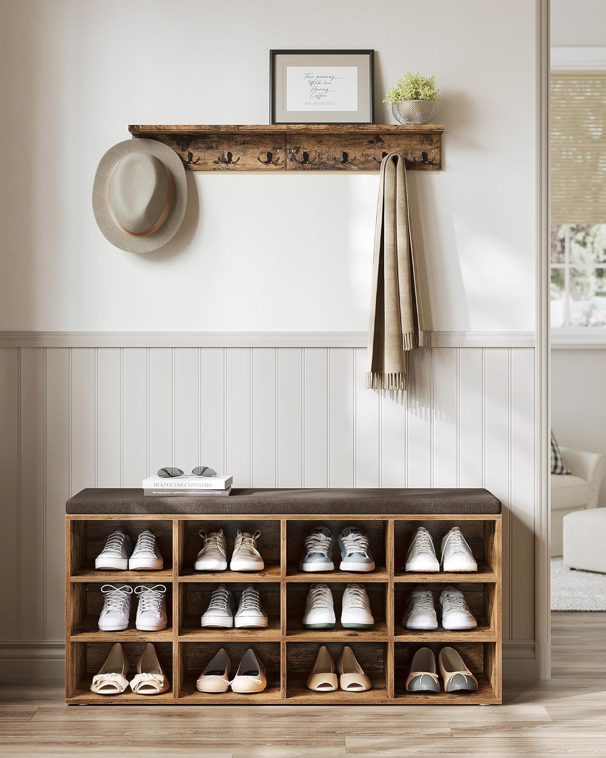 Schoenenkast en opbergkast voor schoenen XL - 104 cm breed - 12 vakken - met kussen - bruin - hout - LHS012B01 - Afbeelding 8