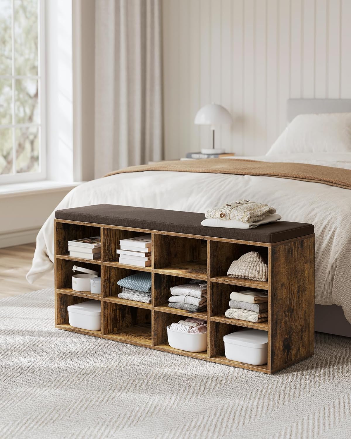 Schoenenkast en opbergkast voor schoenen XL - 104 cm breed - 12 vakken - met kussen - bruin - hout - LHS012B01 - Afbeelding 5