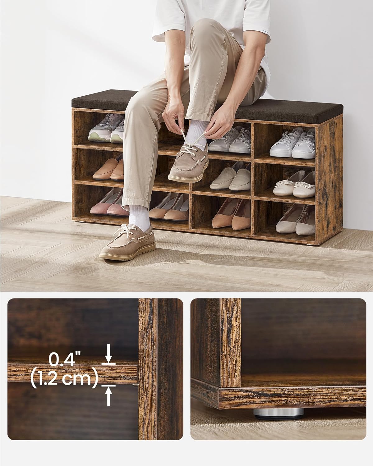 Schoenenkast en opbergkast voor schoenen XL - 104 cm breed - 12 vakken - met kussen - bruin - hout - LHS012B01 - Afbeelding 4