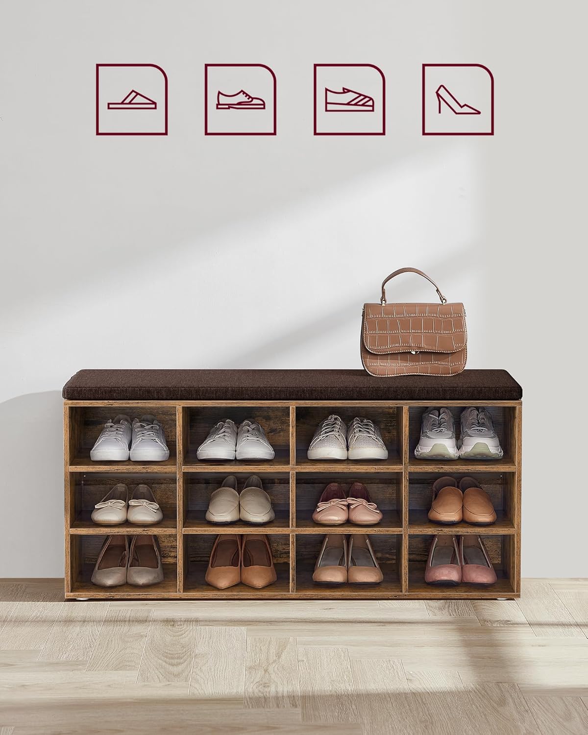 Schoenenkast en opbergkast voor schoenen XL - 104 cm breed - 12 vakken - met kussen - bruin - hout - LHS012B01 - Afbeelding 3