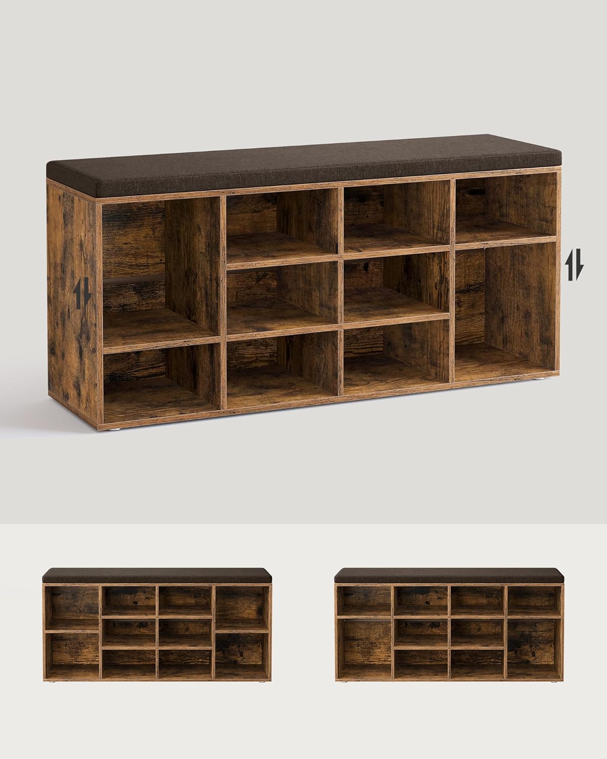 Schoenenkast en opbergkast voor schoenen XL - 104 cm breed - 12 vakken - met kussen - bruin - hout - LHS012B01 - Afbeelding 2