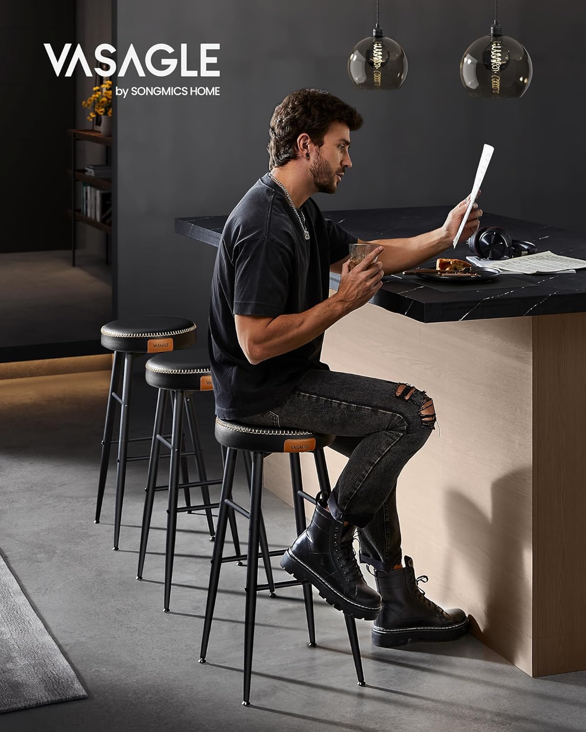 2x Barkruk - PU leren zitting met stiksels - zithoogte 76,2 cm - zwart - LBC090B01 - Afbeelding 2