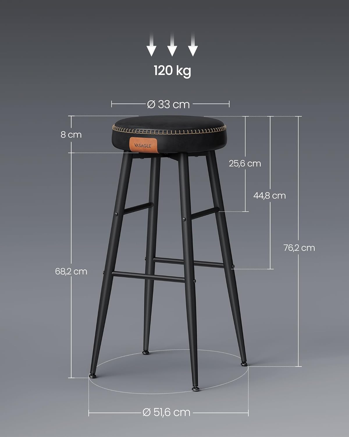 2x Barkruk - PU leren zitting met stiksels - zithoogte 76,2 cm - zwart - LBC090B01 - Afbeelding 3
