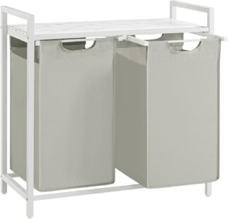 Wasmand - 92 liter (2x 46liter) wit met lichtgrijs - 73x33x72 cm - verwijderbare zakken - met plank - blh201w11