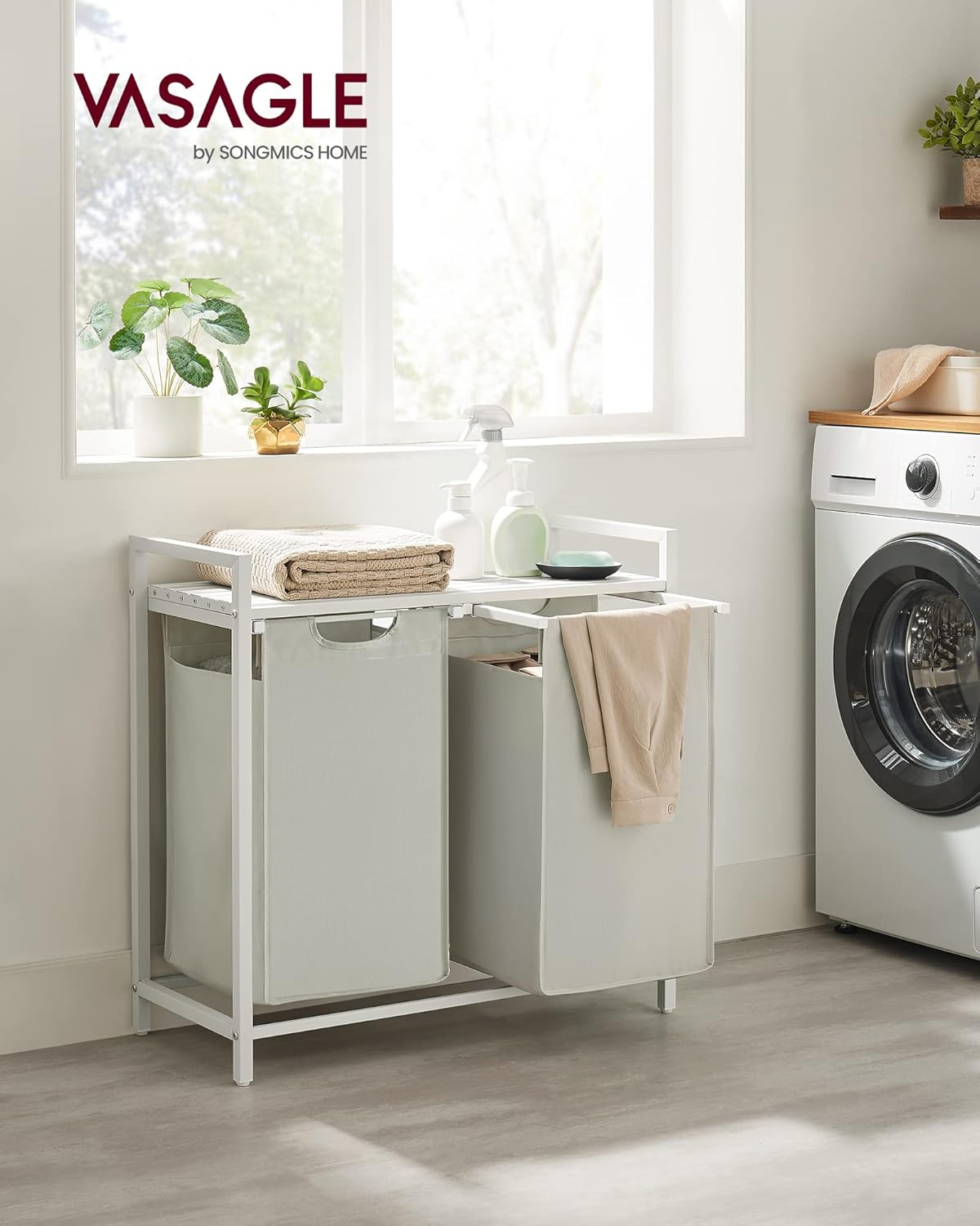 Wasmand - 92 liter (2x 46liter) wit met lichtgrijs - 73x33x72 cm - verwijderbare zakken - met plank - blh201w11 - Afbeelding 2