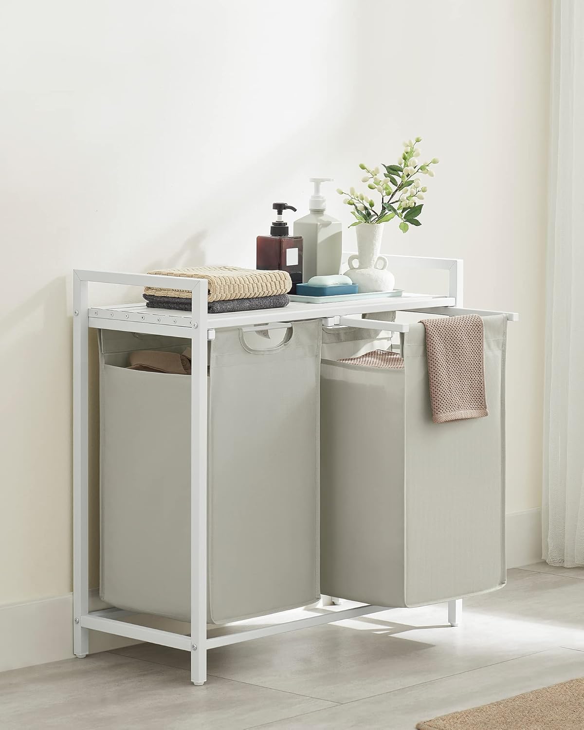 Wasmand - 92 liter (2x 46liter) wit met lichtgrijs - 73x33x72 cm - verwijderbare zakken - met plank - blh201w11 - Afbeelding 3