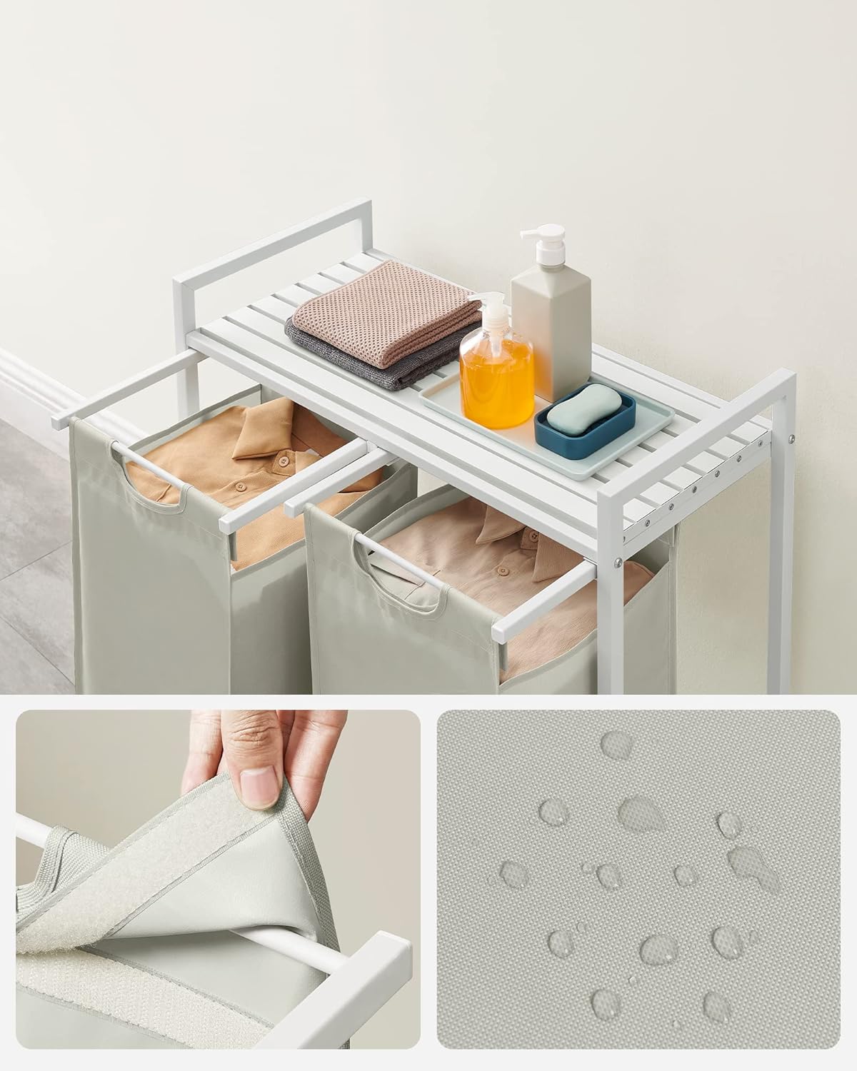 Wasmand - 92 liter (2x 46liter) wit met lichtgrijs - 73x33x72 cm - verwijderbare zakken - met plank - blh201w11 - Afbeelding 4