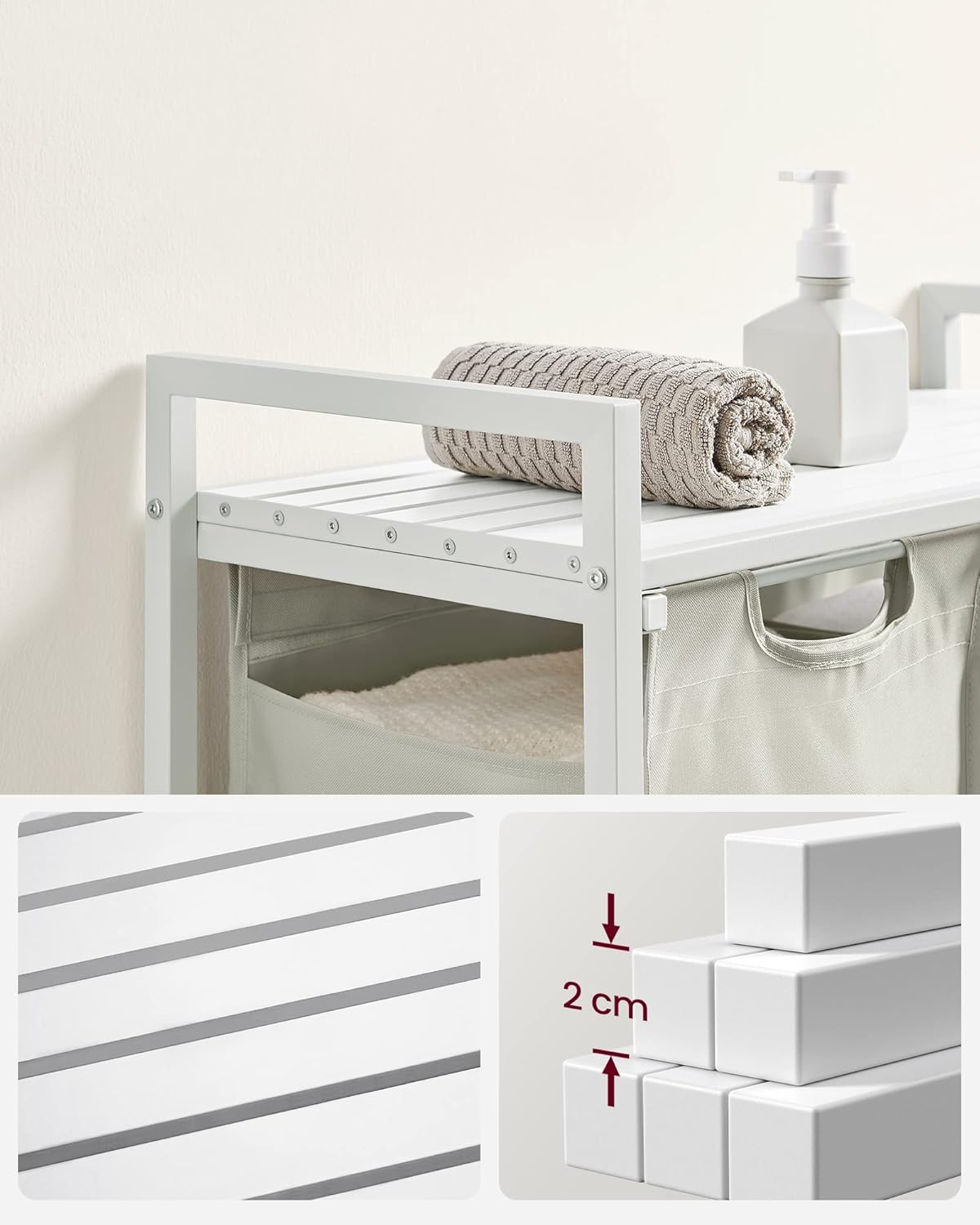 Wasmand - 92 liter (2x 46liter) wit met lichtgrijs - 73x33x72 cm - verwijderbare zakken - met plank - blh201w11 - Afbeelding 5