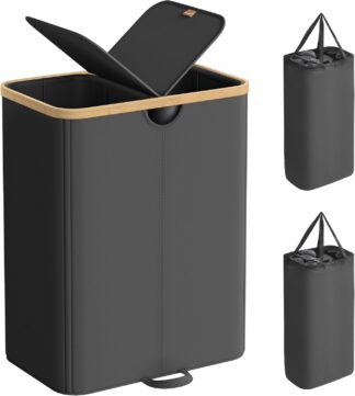 Wasmand - 2 compartimenten - 150 liter - 52x38x75 - wassorteerder met deksel - zwart met beige - lcb523b01