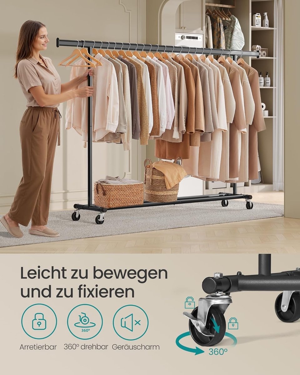 SONGMICS Kledingrek met wieltjes, uittrekbare stang voor zware