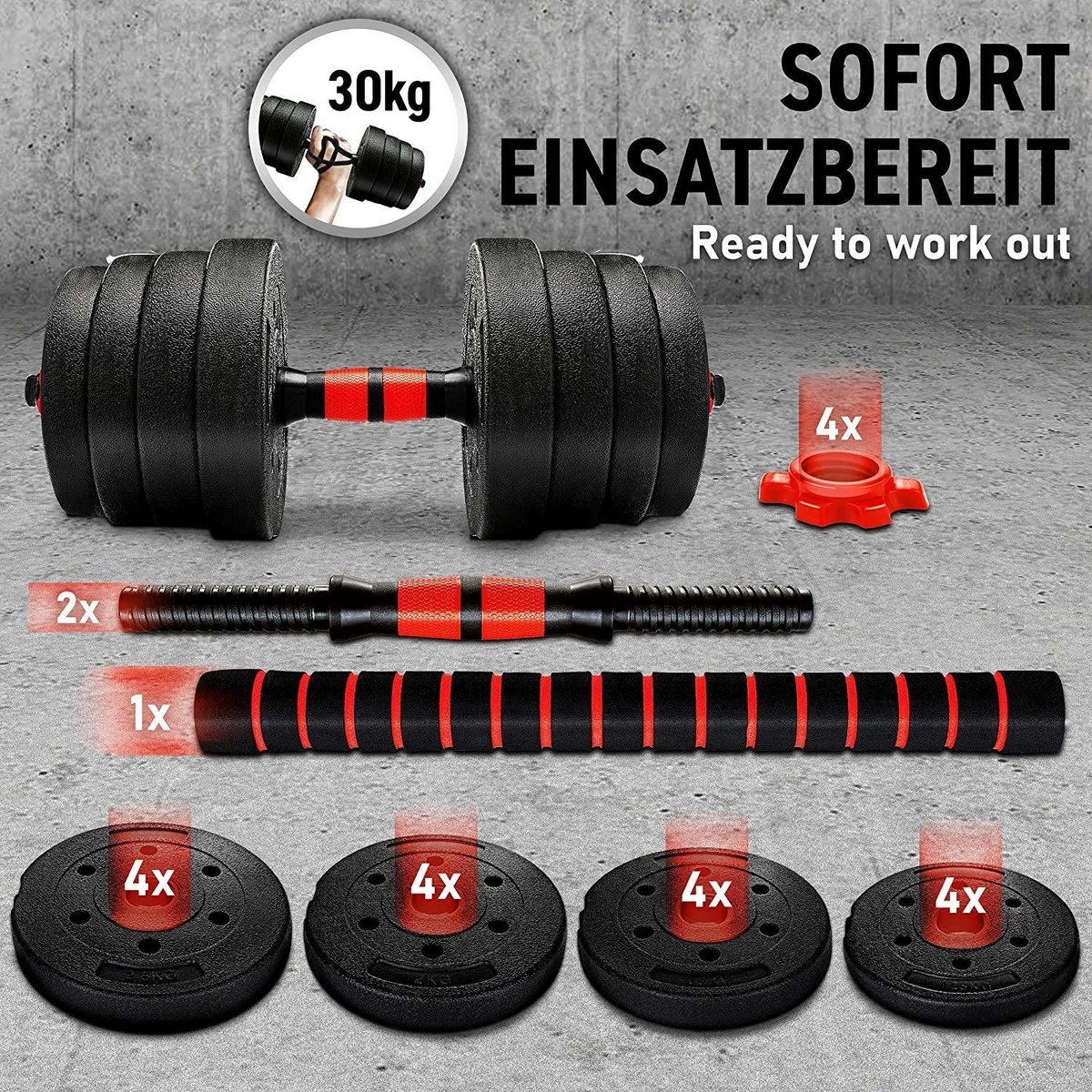 Dumbells set - Gewichten set - Halterset - Verstelbaar - 30 kg - Rood - Afbeelding 7
