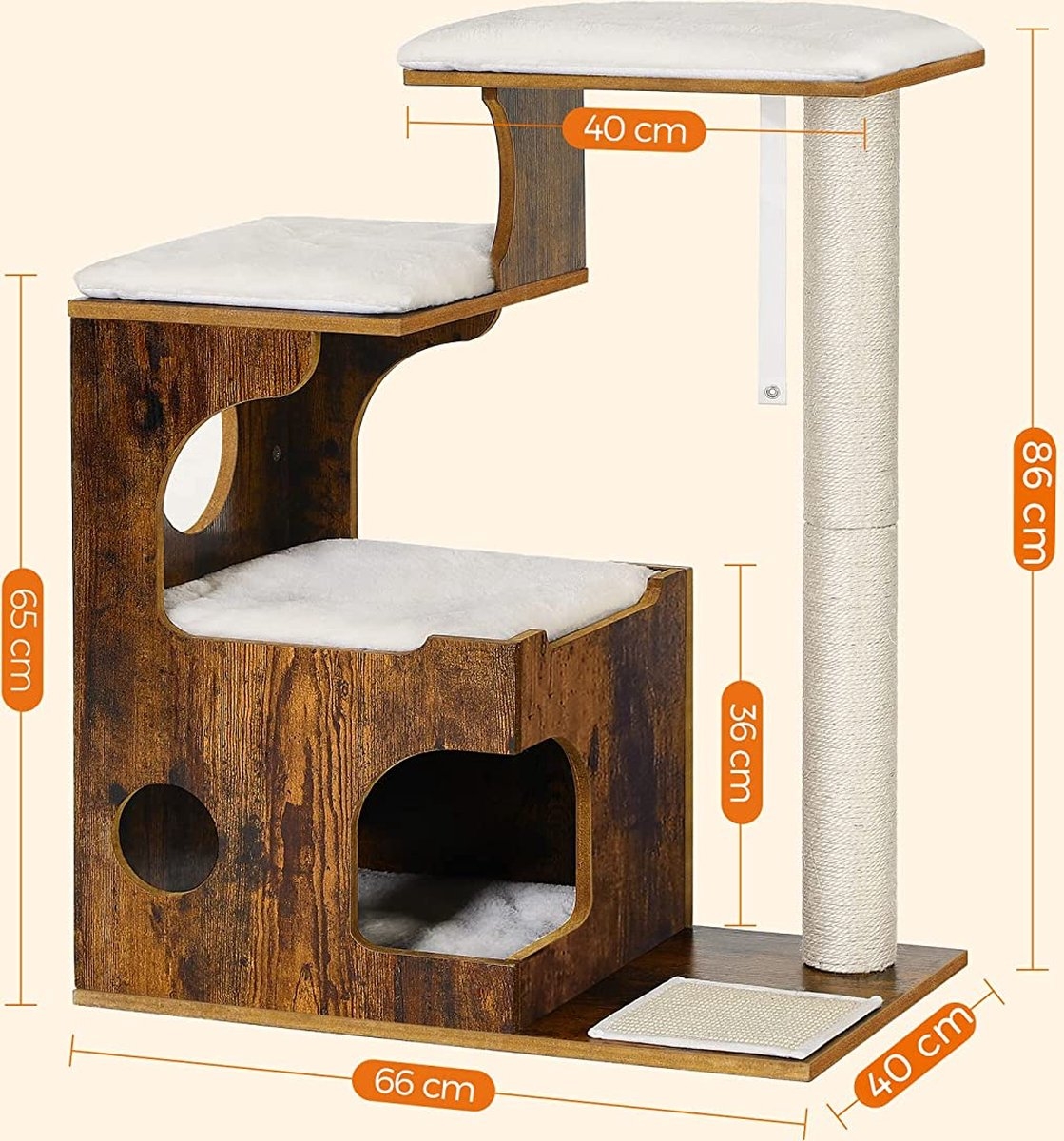 Krabpaal - kattenboom - hoogte 86 cm - 3 ligvlakken en grot - MDF met houtfineer - sisalstam - wasbare pluche kussens - bruin / wit - PCT70HW - Afbeelding 6
