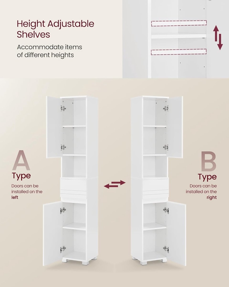 VASAGLE Badkamerkast - hoogte 170 cm - opbergkast - kolom - met lade, verstelbare planken - vakken - BBC560P31 - Afbeelding 2