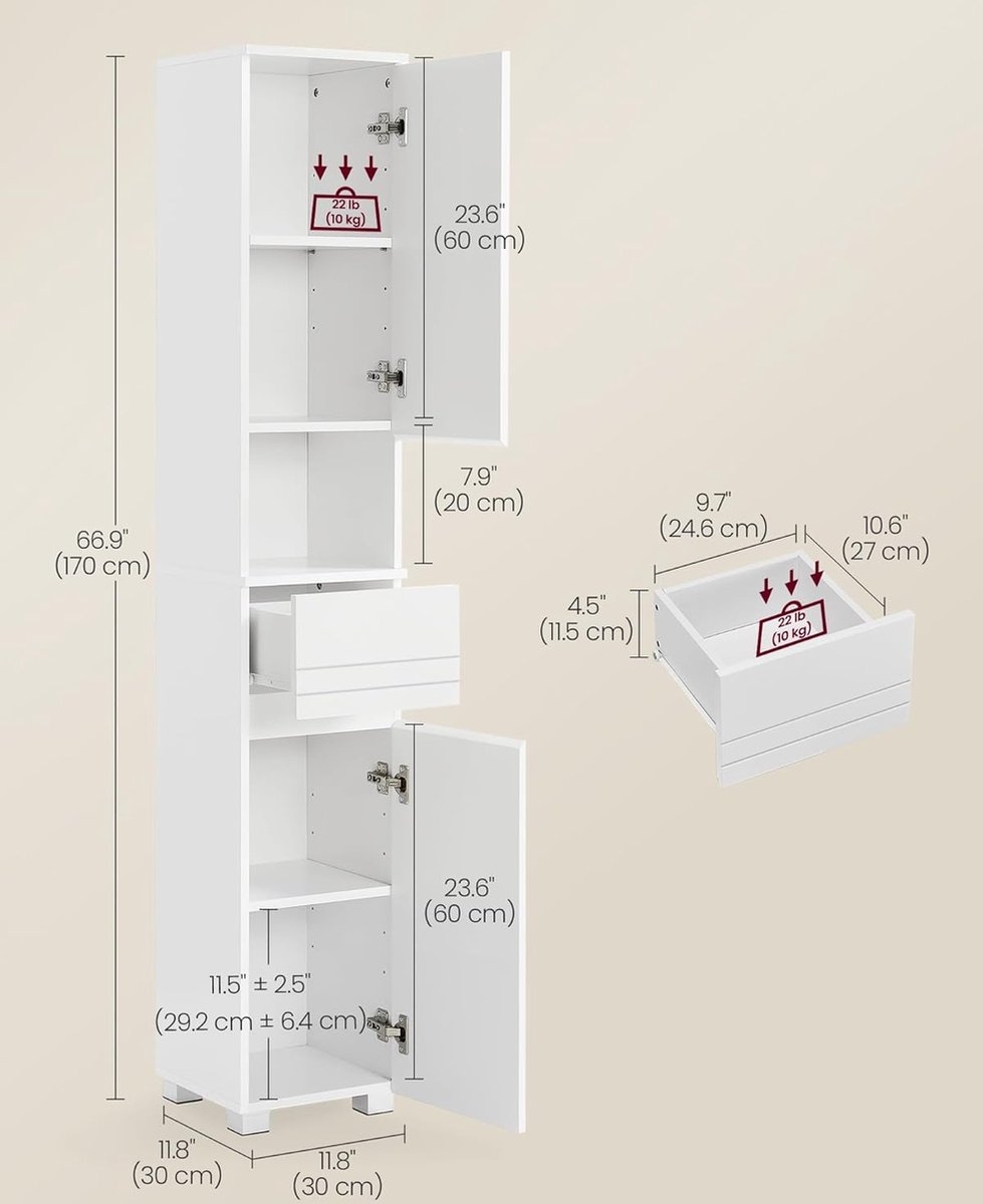 VASAGLE Badkamerkast - hoogte 170 cm - opbergkast - kolom - met lade, verstelbare planken - vakken - BBC560P31 - Afbeelding 6