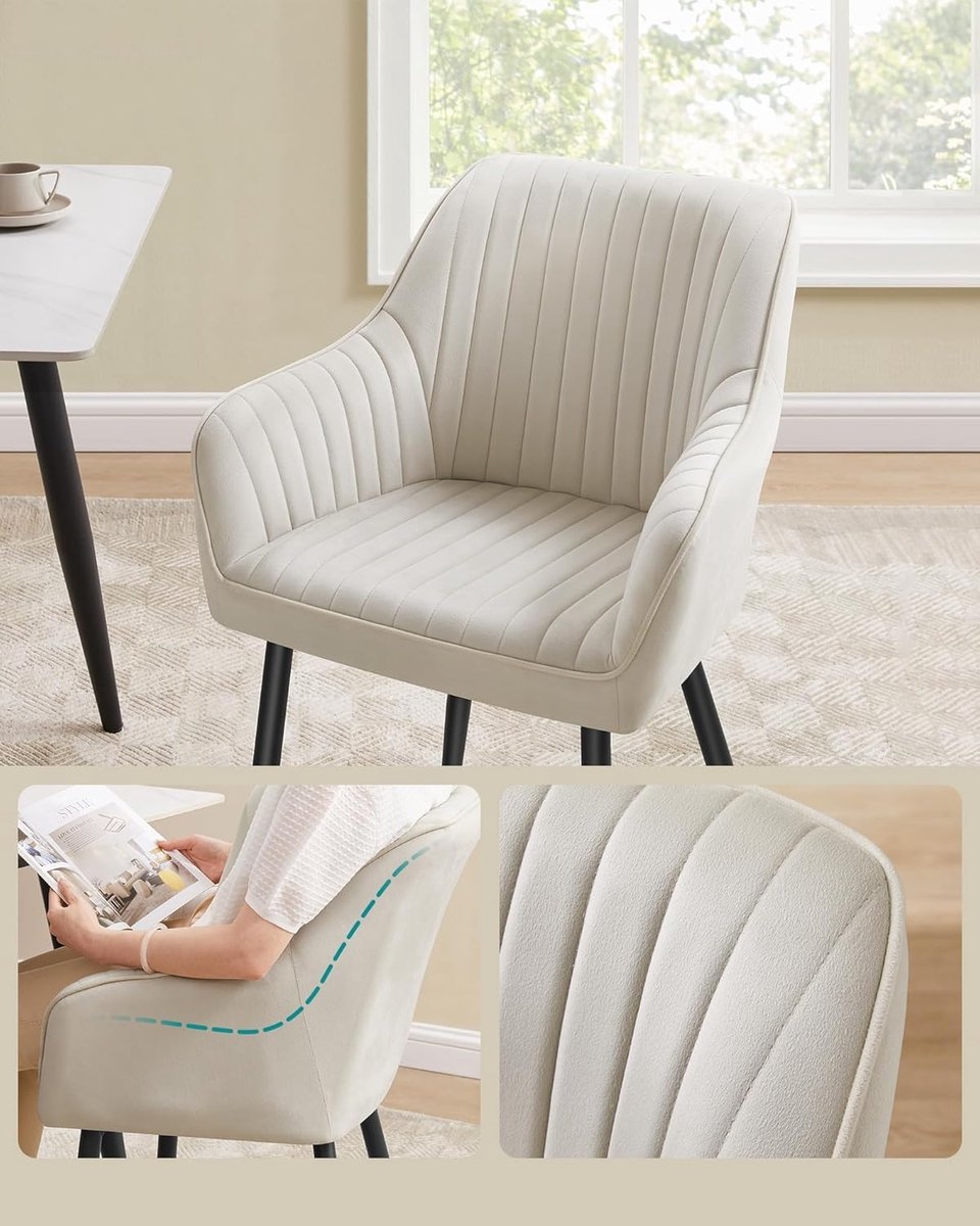 4x Eetkamerstoel – kuipstoel - keukenstoelen - fluwelen stoel - met armleuningen - metaal met stof - beige met zwart - set van 4 stuks -LDC087W01 - Afbeelding 10