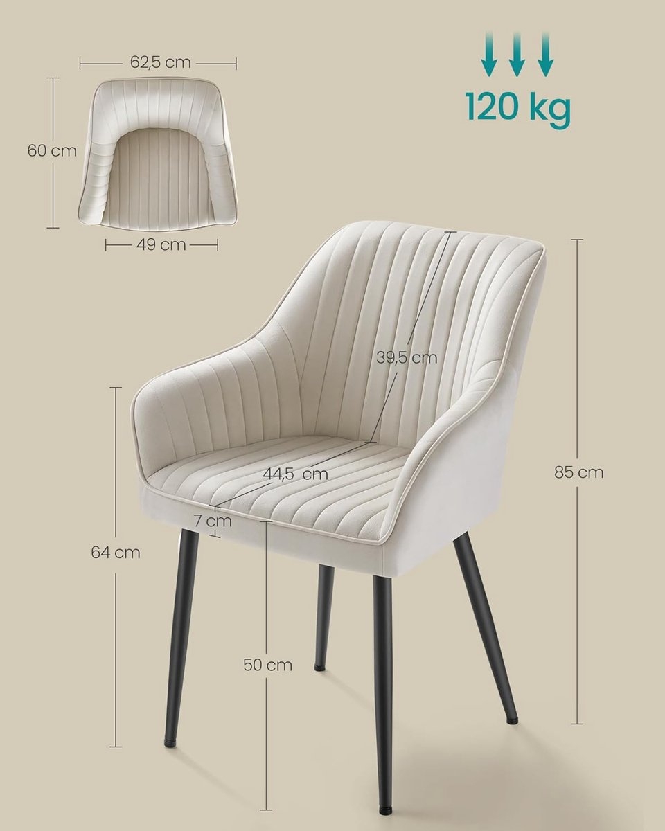 4x Eetkamerstoel – kuipstoel - keukenstoelen - fluwelen stoel - met armleuningen - metaal met stof - beige met zwart - set van 4 stuks -LDC087W01 - Afbeelding 3